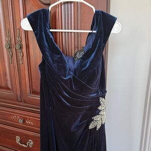 Formal long Alex Evenings Midnight Velvet Dress with Silvery sparkle Accent